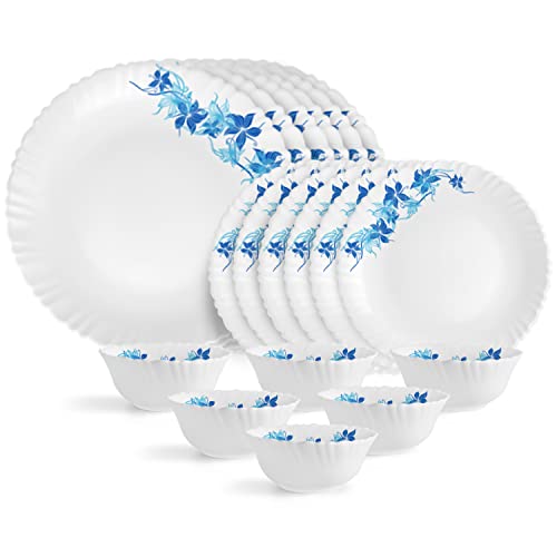 Cello Opalware Dazzle Series Blue Swirl Dinner Set, 18 Pcs | Opal Glass Dinner Set for 6 | Light-Weight, Daily Use Crockery Set for Dining | White Plate and Bowl Set