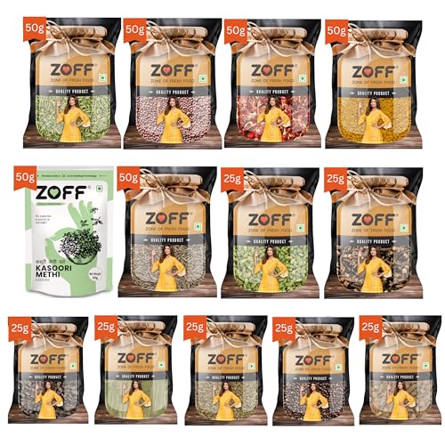 ZOFF Whole Spices Pack of 13 | 25 gm Green Cardamom, Ajwain, Black pepper, Cloves, Big Cardamom, Bay Leaves, Kasoori Methi | 50 g Methi dana, Saunf , Jeera whole, Red Mustard, Red Chilli Whole, Cassia | Easy 4 Layer Zip Lock Technology | 100% Natural | Net Weight 475gm