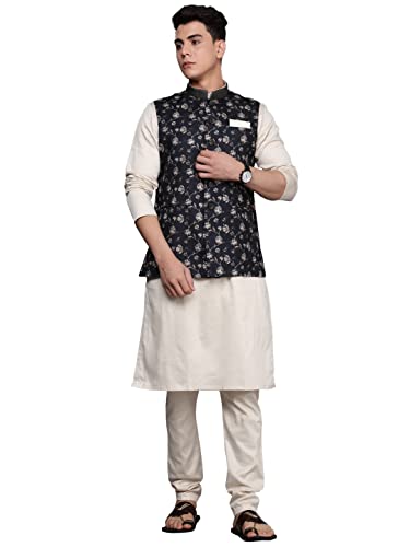 Manyavar Kurta Jacket Set for Men, Full Sleeves Mandarin Collar Ethnic Kurta Jacket Set Viscose Blend (Black, L)