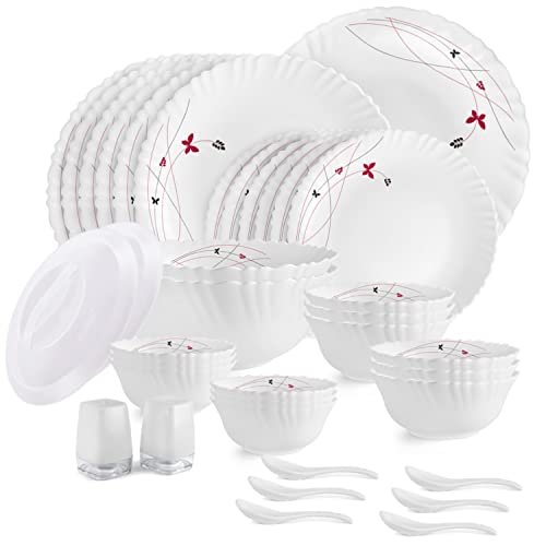 Cello Opalware Dazzle Lush Fiesta Dinner Set, 37Pcs, White | Light-Weight, Daily Use Crockery Set for Dining | White Plate and Bowl Set