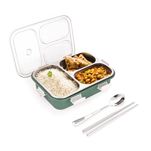 Attro Bento 3 Compartment Stainless Steel Lunch Box with Steel Cutlery Inside, Heating & Water Insulation Design Use for Office, School & Travelling, 750 ml – OliveGreen
