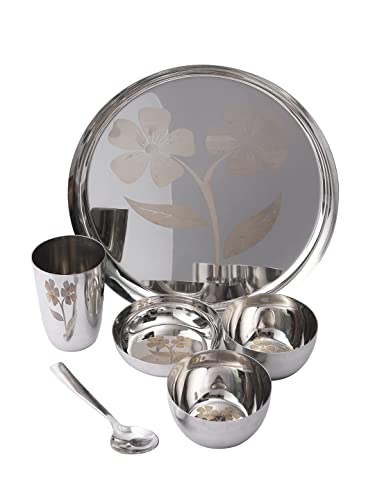 Abode Prime Stainless Steel Heavy Guage Material Dinner Set | Dinner Set with 3 Thali, 6 Bowl, 3 halwa Plate, 3 Glass, 3 Spoon | Dinnerware | Stainless Steel Dinner with Set of 18 | Silver |