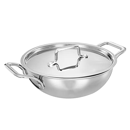 Inalsa Cookware Platinum Triply Kadhai with Lid-24cm, 3.2L| Induction Friendly, (Silver), Small (Kadhai 24 cm)