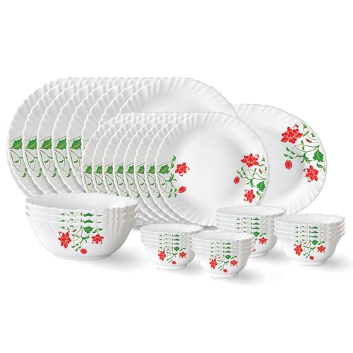 Larah by Borosil Hazel Fluted Series Opalware Dinner Set | 31 Pieces for Family of 6 | Microwave & Dishwasher Safe | Bone-Ash Free | Crockery Set for Dining & Gifting | Plates & Bowls | White