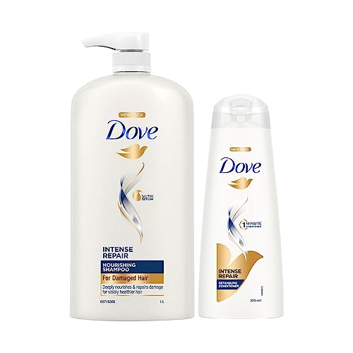 Dove Intense Repair Shampoo 1 Ltr & Dove Intense Repair Conditioner 335 ml, (Combo Pack) | Enriched With Keratin Actives to Smoothen Dry and Frizzy Hair – Deep Conditions Damaged Hair for Men & Women