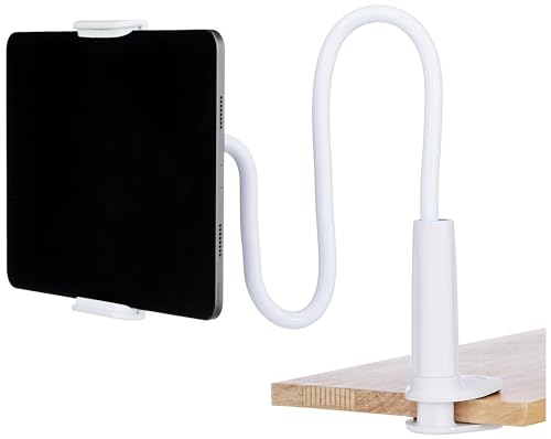 Amazon Basics Gooseneck Mobile Phone and Tablet Holder | Tabletop Holder with Clamp and 360⁰ Rotation | Universal Compatibility for Phones, Tablets | White