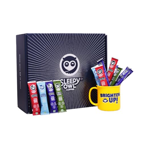 Sleepy Owl Instant Gift Set | 32 Assorted Coffee Sachets + 1 Mug | 4 Flavoured Premium Instant Coffee | Makes 32 Delicious Cups | 100% Arabica | Gift Set for Men, Women