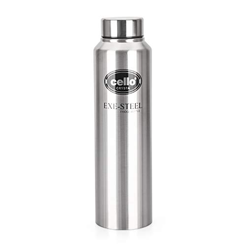 Cello Crysta Stainless Steel Bottle | Temperature Retention | Lid is Sealed by a Silicone Ring | Best Usage: Office/School/College/Gym/Picnic/Home/Fridge | 1000ml | Silver, 1 Unit