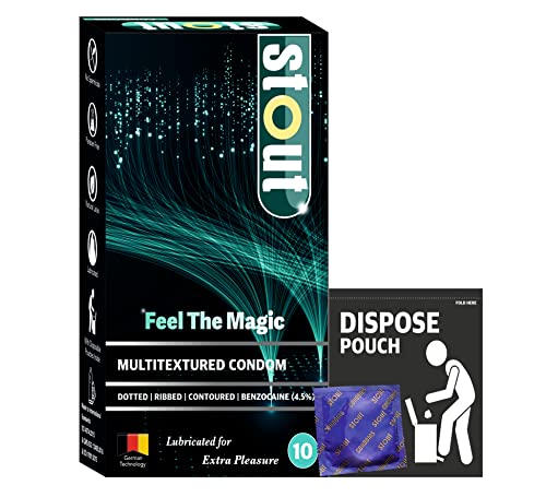 Stout Multitextured Longlast Feel The Magic Condoms For Men|Lubricated, Extra Time for Extra Pleasure| Dotted, Ribbed-10 Count | Pack of 1