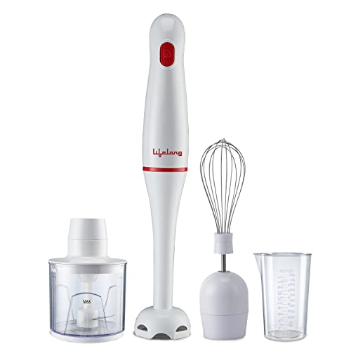 Lifelong LLHBZ03 Regalia Plus 300W Hand Blender Machine for Kitchen with Whisker, Chopping Attachment & Multipurpose Jar|Stainless Steel Blade & Detachable Shaft|1 Year Warranty (ISI Certified, White)