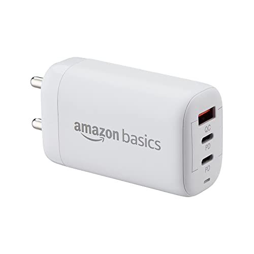 Amazon Basics 65W Triple Output Gan Charger for Mobile Phones, Laptops|Triple Output, 2 Type-C + 1 USB-A|for iPhone 14/13/12 Series, Oneplus 11/11R/10/9/9T/9R/Nord, MacBook Air/Pro,Galaxy Series, Red