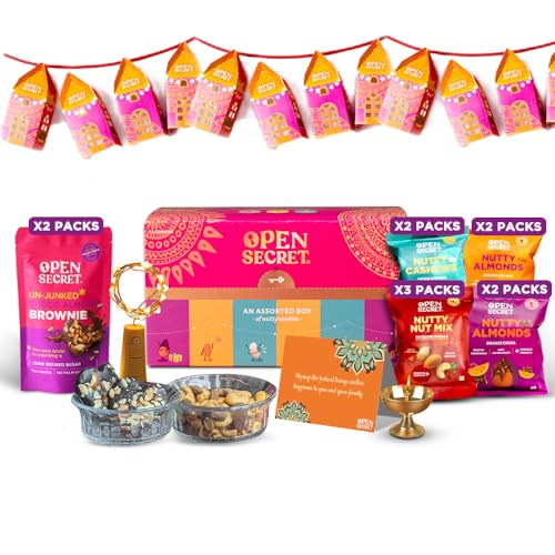 Open Secret Diwali Gift Hamper Item Snacks Combo Box | 15 Item Gift Combo – Assorted Cookies, Nuts, Card, Decorative Lanterns, Designer Rangoli | Healthy Unjunked Food | For Family, Friends, Corporate