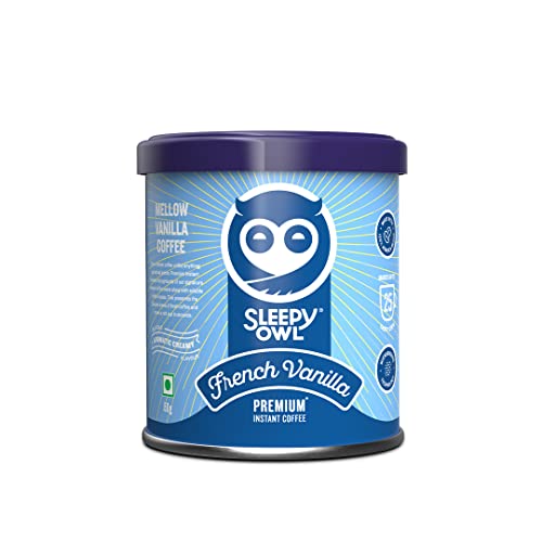 Sleepy Owl 50gm French Vanilla Premium Instant Coffee | 100% Arabica | Makes 25 Cups | Sweet & Mellow Flavoured Coffee | Make Café Style Hot or Cold Coffee, Cappuccino, Espresso, Latte at Home