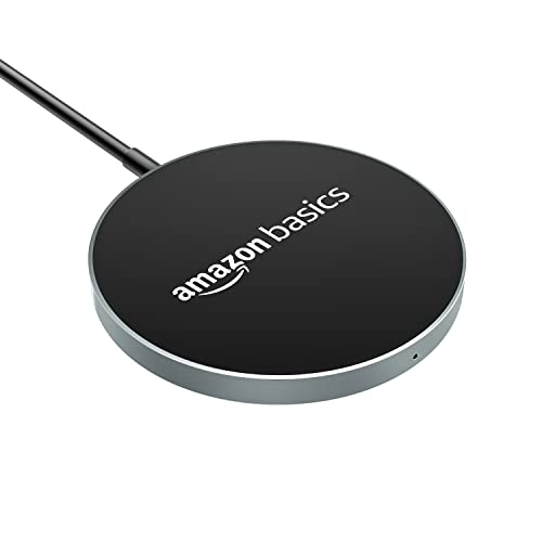 AmazonBasics Magnetic Wireless Charger | 15W Fast Charging Circular Pad|Compatible with iPhone 13/13 Pro/13 Mini/13 ProMax/12/11,Samsung Galaxy S21/S20/Note 10/Edge Note 20Ultra/S10,AirPods Pro-Silver