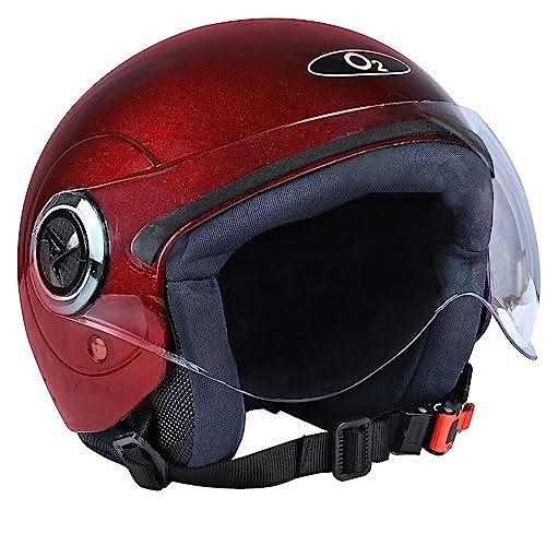 O2 Open Face / Half face Helmet Unisex for Bike Women Men ISI Certified with Clear Visor Smooth Finish Lightweight & Compact (ChRed, 580mm Medium)