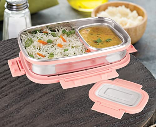Attro Click Eat Big Stainless Steel Lunch Box, Airtight & Leak Proof – 2 Containers (Big 900 ml & Small 200ml) for Office Use, School, Picnic – Peach