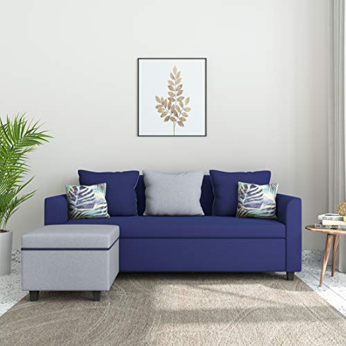 Amazon Brand – Solimo Lunaria Fabric 3 Seater Sofa with ottoman (Grey & Blue)