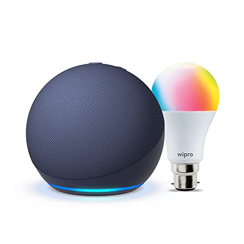 All-New Echo Dot (5th Gen, Blue) Combo with Wipro 9W LED Smart Color Bulb