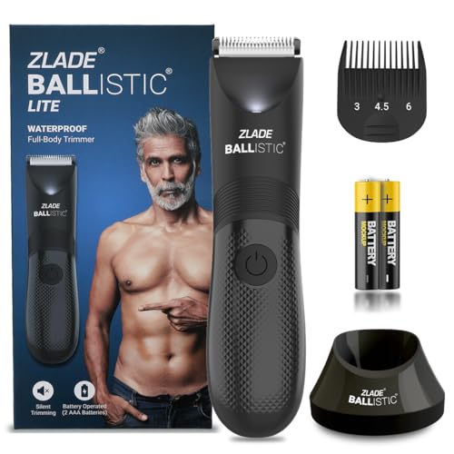 ZLADE Ballistic LITE Manscaping Body Trimmer for Men | Beard, Body, Pubic Hair Grooming | Private Part Shaving | Waterproof, Cordless AAA Battery Powered | Smart Travel Lock – 3 Second Long Press Button to Start
