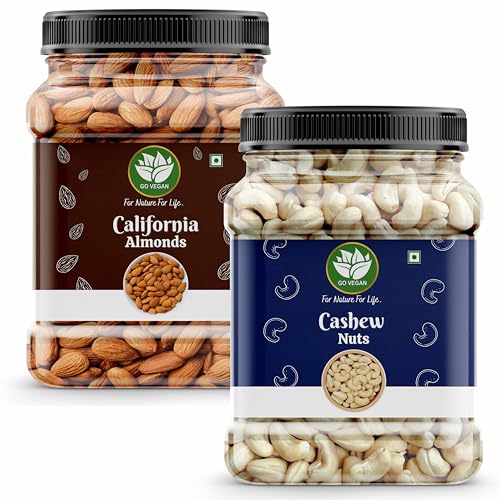 Go Vegan Pure Almond & Cashew – 1kg (500gm*2) kaju badam | Dry Fruit (jar pack)