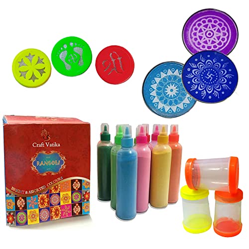 Rangoli Making Tools Kit Set of 12 Rangoli Color Powder Bottle Rangoli Making Stencil Set of 3 Rangoli Fillers Stamp, Fillers for Floor Diwali Onam Pongal Floor Decoration