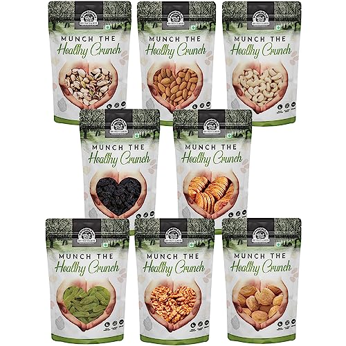 WONDERLAND FOODS Healthy Nuts Dry Fruits Combo Pack of 8 Pistachios 100g, Almond 100g, Cashew 100g, Black & Golden Raisins 100g, Anjeer 100g, Walnut Kernel 100g, Dried Apricot 100g