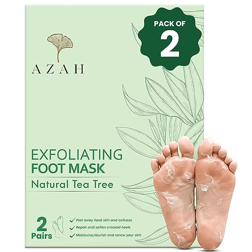 Azah Exfoliating Foot Mask PACK of 2 | Peeling Mask for Cracked Feet | Dead Skin Remover | Heel Peel Pedicure | At Home Foot Care | Natural Tea Tree | Exfoliant Foot Crack Socks with Moisturisation