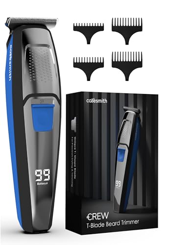 Caresmith Crew T-Blade Beard Trimmer for Men Rechargeable | Solid Steel Blade Beard Shaper | LED Battery Display | 2 Hrs Battery Life | 7000 RPM Motor Hair Trimmer Men | 4 Combs & Carry Pouch | Shaver for Men