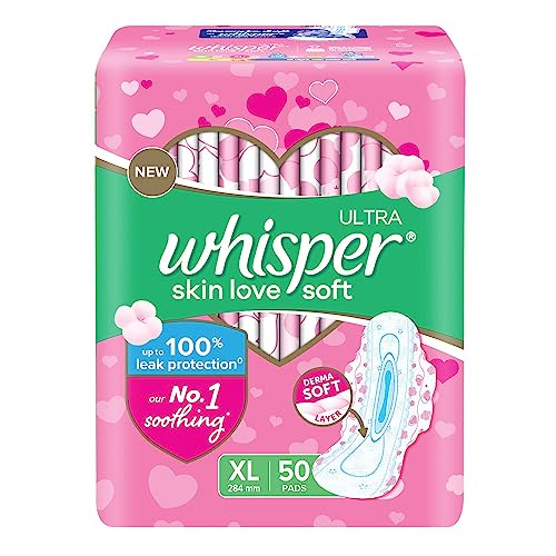 Whisper Ultra Skinlove Soft Sanitary Pads for Women|50 thin Pads|XL|Cottony soft|our #1 Softness|Soft top sheet|Irritation free |28.4 cm Long|With disposable wrap