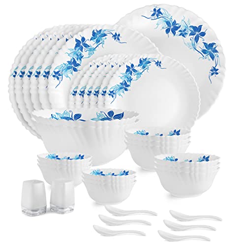 Cello Opalware Dazzle Series Blue Swirl Dinner Set, 35 Units | Opal Glass Dinner Set for 6 | Light-Weight, Daily Use Crockery Set for Dining | White Plate and Bowl Set