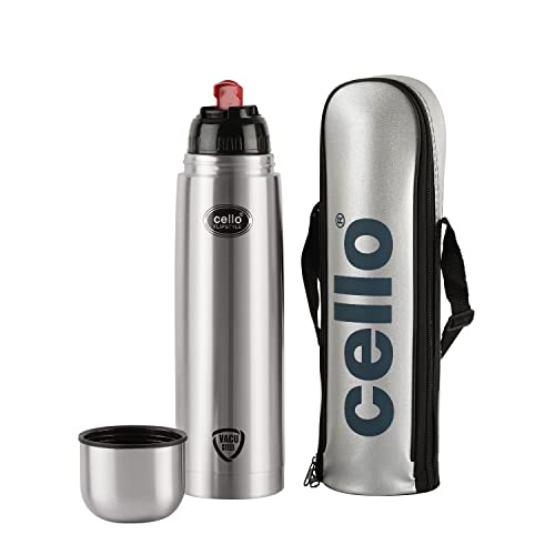 Cello Flipstyle Stainless Steel Vacuum Insulated Flask with Jacket 1000ml| Hot and Cold Water Bottle with Flip lid | Double Walled Silver Bottle for Home, Office, Travel | Steel Thermos Bottle 1L