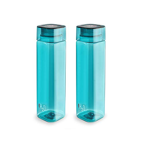 Cello H2O Squaremate Plastic Water Bottle, 1-Liter, Set of 2, Teal Green