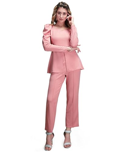 Selvia Women’s Puff Sleeve Lycra Sweetheart Neck Casual Co-ords Set (485TK10672NB-L_Peach)