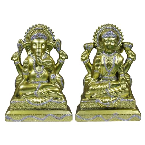 Gold Laxmi Ganesh Idol Murti Showpiece | Ganesha Lakshmi Religious Figurine Hindu God Sculpture Murti Statue Decor |Diwali/Workplace/Office