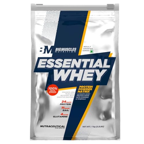 Bigmuscles Nutrition Essential Whey Protein [1Kg,Double Rich Chocolate] |24g Protein per serving with Digestive Enzymes, Vitamin & Minerals, No Added Sugar | Improved Strength,Muscle Building