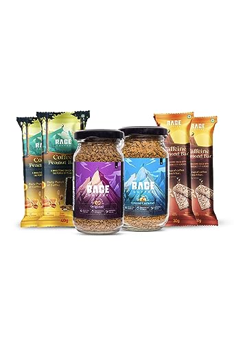 Rage Coffee Combo Pack of Flavoured Instant Coffee | Original Coffee,Creme Caramel| Peanut bar Pack of 2,Almond Bar Pack of 2 |Made Using Premium Arabica Coffee (Virat Combo, 100g)