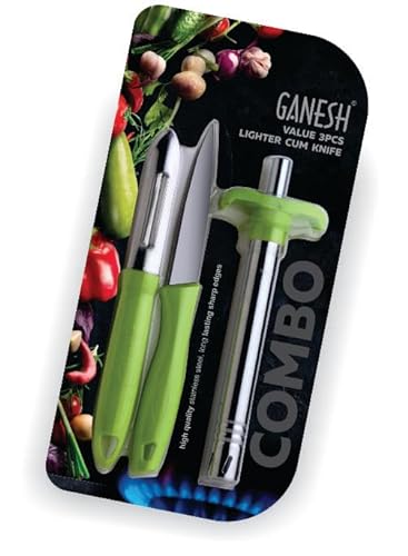 Ganesh Stainless Steel Gas Lighter with Knife & Peeler, 3-Piece, Colour May Vary Colour