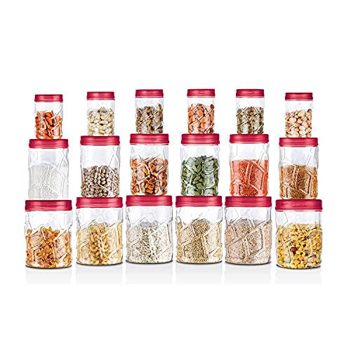 MILTON Vitro Plastic Pet Storage Jar and Container, Set of 18 (6 pcs x 230 ml Each, 6 pcs x 600 ml Each, 6 pcs x 1.18 ltrs Each), Red Wine | Food Grade | Air Tight | BPA Free