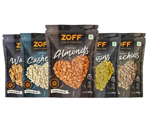 Zoff Premium Daily Needs Mixed Dry Fruits Combo – Almonds, Cashews, Raisins, Roasted Pistachios, and Walnut Halves 250g Each | Perfect Diwali and Festival Gifts & Hampers | Net weight 1.25Kg