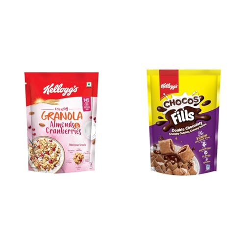 Kellogg’s Crunchy Granola Almonds & Cranberries 140g 24% Multigrain Breakfast Cereal + Kellogg’s Chocos Fills Double Chocolaty, 3 Grains: Oats, Wheat & Rice, Protein & Vitamin Rich, 0% Maida