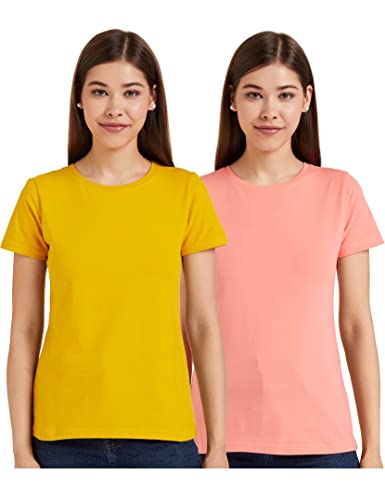 Amazon Brand – Symbol Women’s Regular Fit T-Shirt (RN-PO2-COMBO28_Mustard & Coral Pink S)
