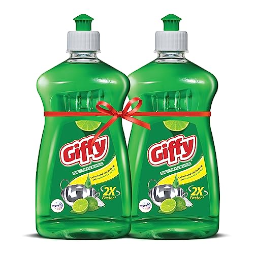 Giffy Green Lime & Active Salt Dishwash Liquid Gel 500ml (Pack of 2) Bottle|2x Faster Tough Grease Removal |Utensils Cleaning Dish Wash Liquid Super Saver Offer