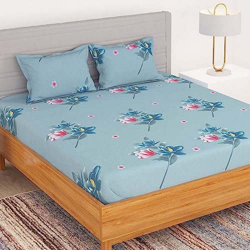 BEDSPUN Microfiber 150 TC Bedsheet for Double Bed with 2 Pillow Covers Soft Touch|Muted Teal, Floral, Size 220 CM X 225 CM