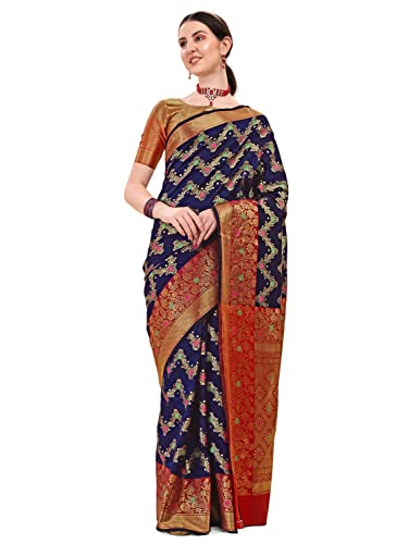 EthnicJunction Women’s Woven Embellished work Banarasi Silk Blend Saree with Blouse Piece (EJ7074-Raees-Navy Red_Navy Red)