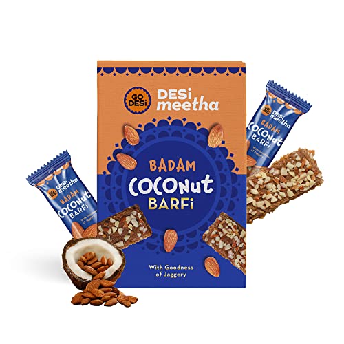 GO DESi – DESi Meetha Badam Coconut Barfi | 500 Grams | Indian Sweets Diwali Gift Pack | 40 Individually Wrapped Barfis | Dry Fruits Sweet | Almond Nuts bar | Sweets Indian Mithai