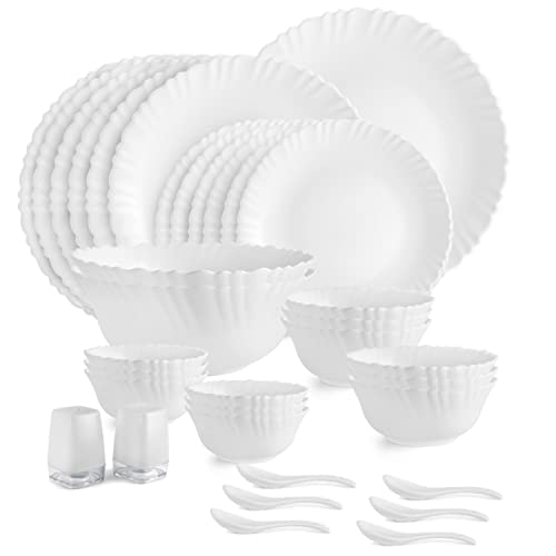 Cello Opalware Dazzle Series Plain Dinner Set with Rice Plate, 35 Units | Opal Glass Dinner Set for 6 | Light-Weight, Daily Use Crockery Set for Dining | White Plate and Bowl Set