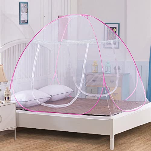 Story@home Foldable Mosquito Net, Aesthetic Net with Soft Mesh & 2 Side Zipper Openings, Fancy Mosquito Net for Indoor & Outdoor Use, Queen-XL Size, Pink