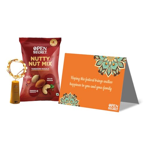 Open Secret Festive Gift Hamper with Mix Dry Fruit and Nuts | 3 Item Gift Combo – Suitable for all occasions | Flavoured Nuts & Trail Mix | Gift Hamper For Diwali | Corporate Diwali Gift with Card and Decoration Lights