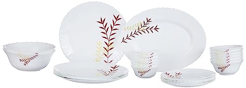 Larah by Borosil Fluted Oak Dinner Set 27 Pieces, Opal Glass Dinner Plates & Bowls Crockery Set for Dinning, White