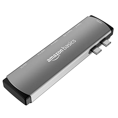Amazon Basics 7-in-2 USB-C Hub Adapter with Thunderbolt 3 USB-C Port (100W Power Delivery), 4K HDMI Port, USB-C and USB A 3.0 Data Ports, SD and microSD Card Reader for MacBook (Grey)